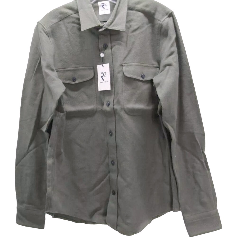 NEW R2 AMSTERDAM Mens Textured Cotton Button Overshirt Size M Olive Green